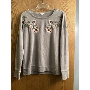Lucky Brand Women‎ Sweater Top Medium Gray Burnout Distressed Floral Embroidered